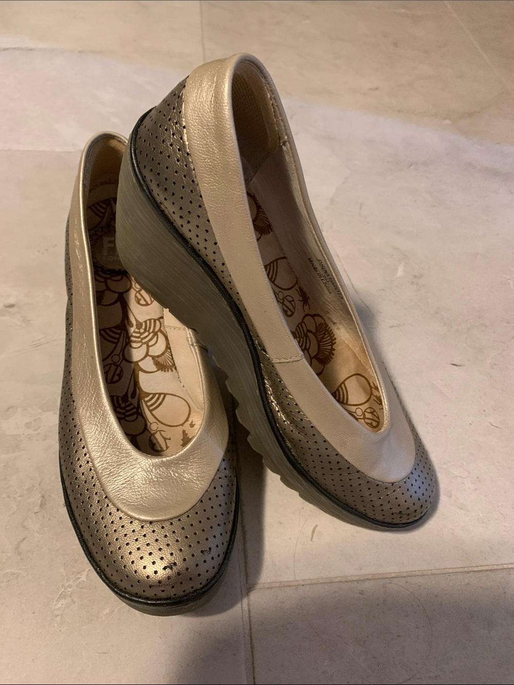 London Fog Metallic Taupe and Cream Perforated Wedge Loafers